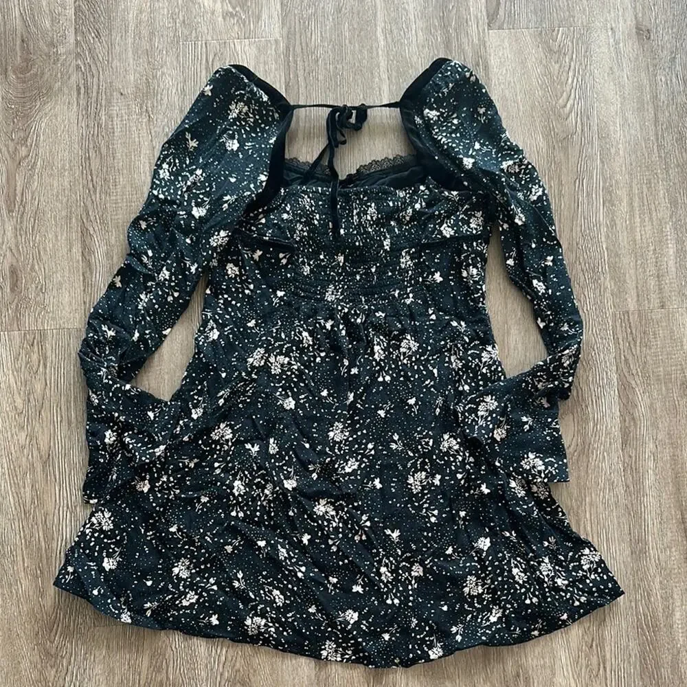 Free People Tess Mini Dress Black‎ & Tan Floral Size Medium